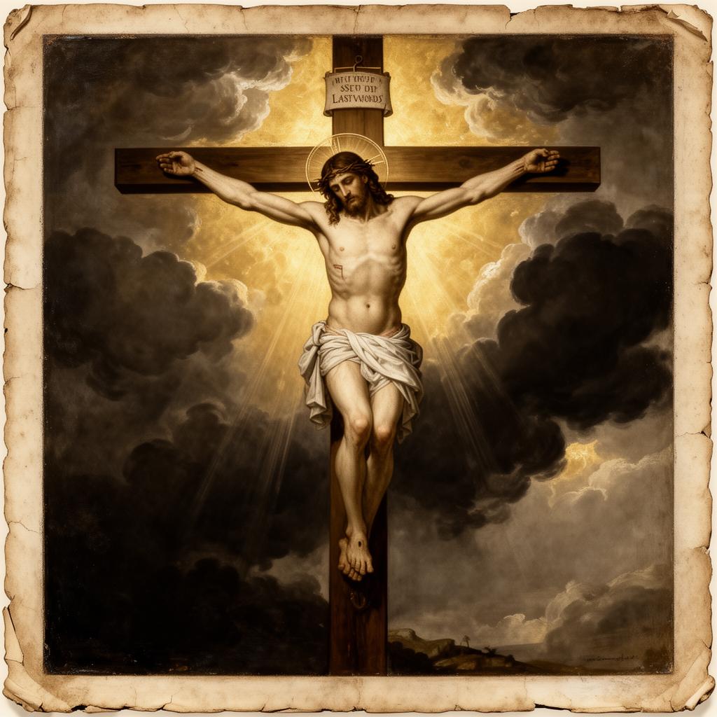 Representação contemplativa da Paixão de Cristo, em estilo de arte sacra tradicional